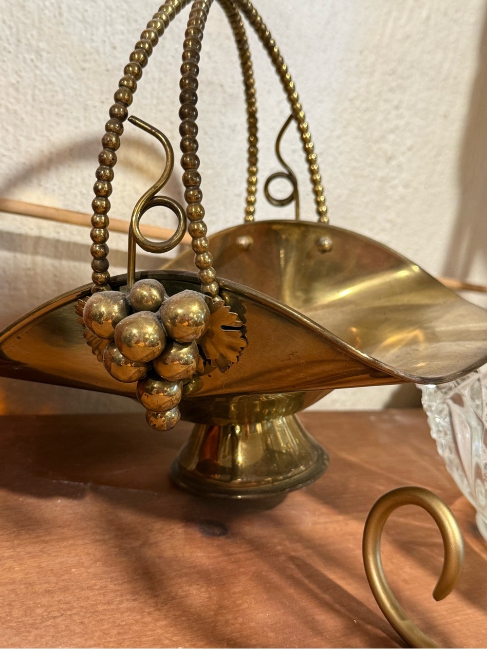 Source Unknown Gold Brass Decorative Basket with Beaded Handles